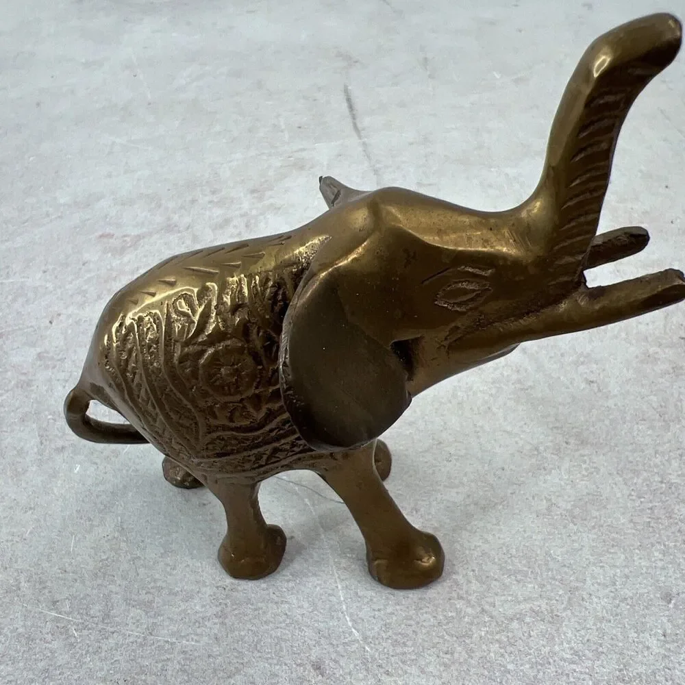 Vintage Small Solid Brass Elephant Raised Trunk Embossed Ornate‎ MCM Figurine